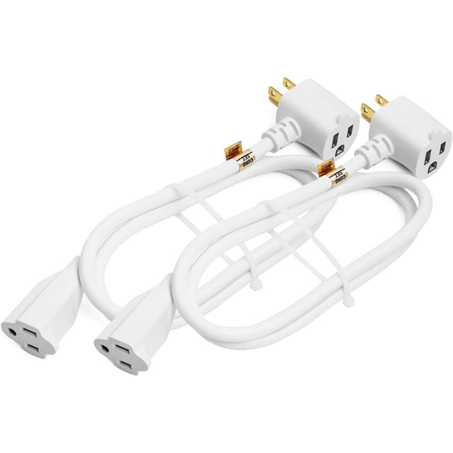 Maximm Cable 2 Pack 3 Feet Angled Indoor Extension Cord/Wire, 2 Outlet Piggyback Extension Cord - White - UL Listed