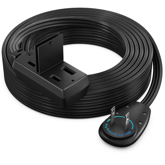 Maximm Cable 25ft 360° Rotating Flat Plug Extension Cord/Wire, 16 AWG Multi 3 Outlet Extension Wire, 2 Prong with Safety Cover - Black - UL Certified