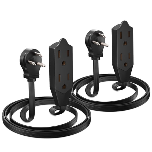 Maximm Cable 3 Feet Flat Plug Extension Cord/Wire, Multi Outlet - 3 Prong Angled Plug Extension Cord - Black UL Certified (2 Pack)