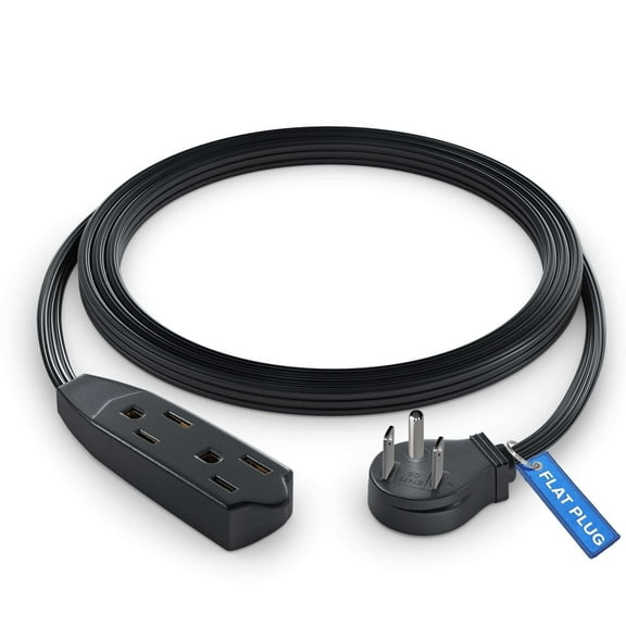 Maximm Cable 3 Feet Flat Plug Extension Cord / Wire, Multi Outlet Prong Angled Plug Extension Cord - Black