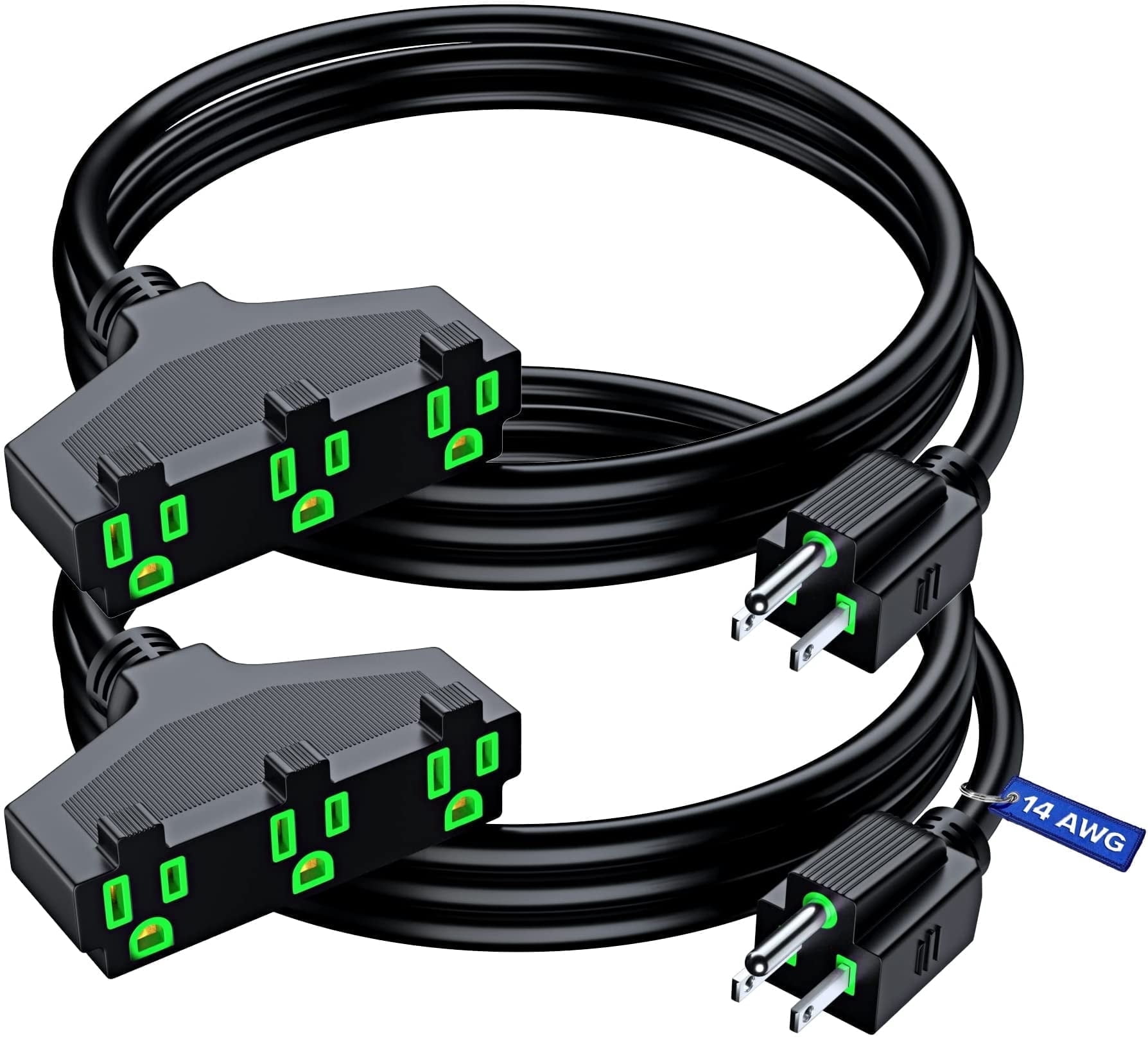 Maximm Cable 3 ft Safety Extension Cord with Multiple Outlets Black 14/3 SJTW, 14 Gauge Heavy Duty Indoor Power Cords ETL (2 Pack)