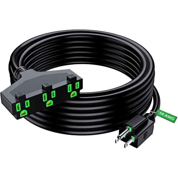 Maximm Cable 30 ft Safety Extension Cord with Multiple Outlets Black 14/3 SJTW, 14 Gauge Heavy Duty Indoor Power Cords ETL