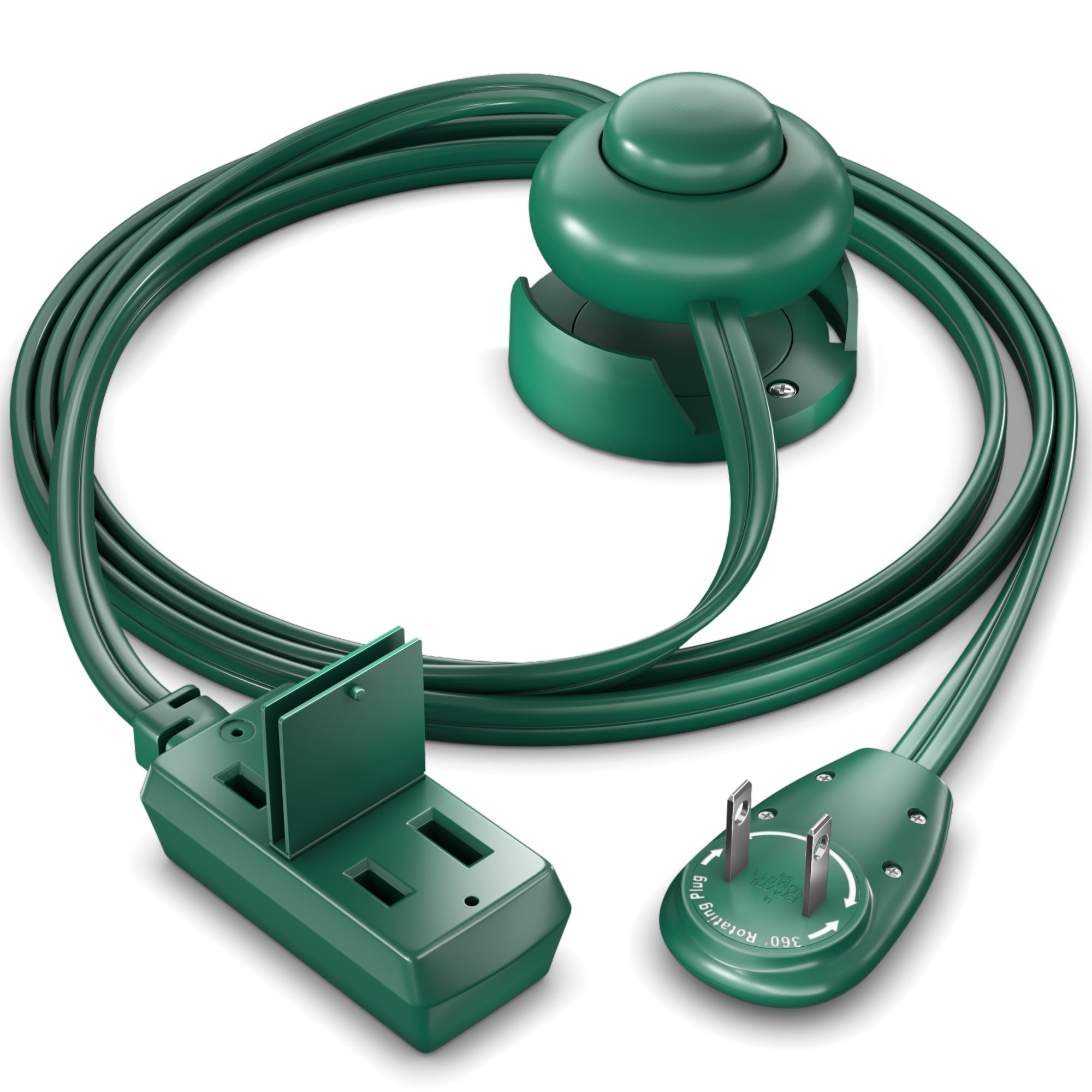 Maximm Cable 3ft 360° Rotating Flat Plug Extension Cord with on and Off Switch and Cradle (3 ft,Green), 2 Prong Multiple Outlets, Safety Cover - UL Certified
