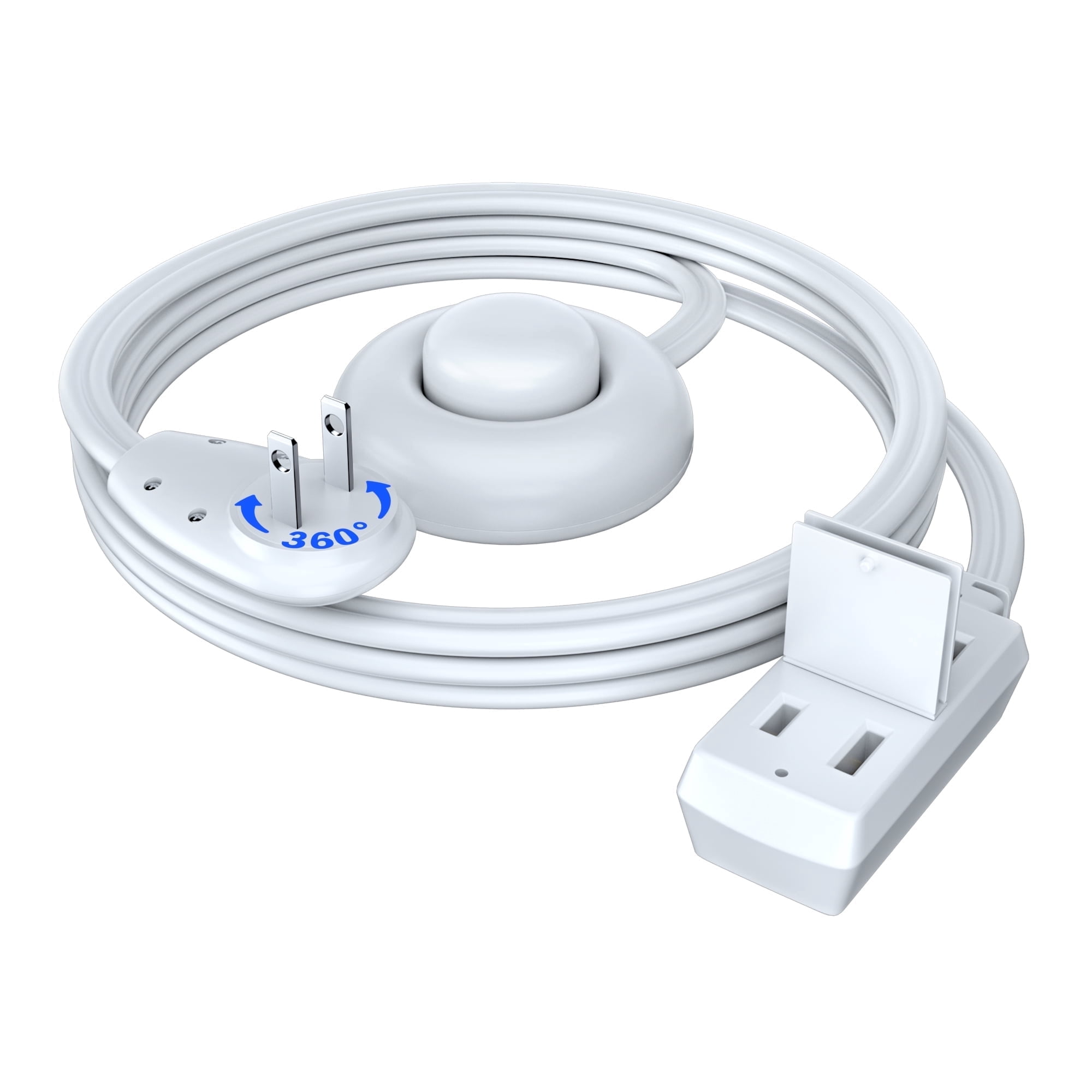 Maximm Cable 3ft 360° Rotating Flat Plug Extension Cord with on and Off Switch (3 ft,White), 2 Prong Multiple Outlets, Safety Cover - UL Certified