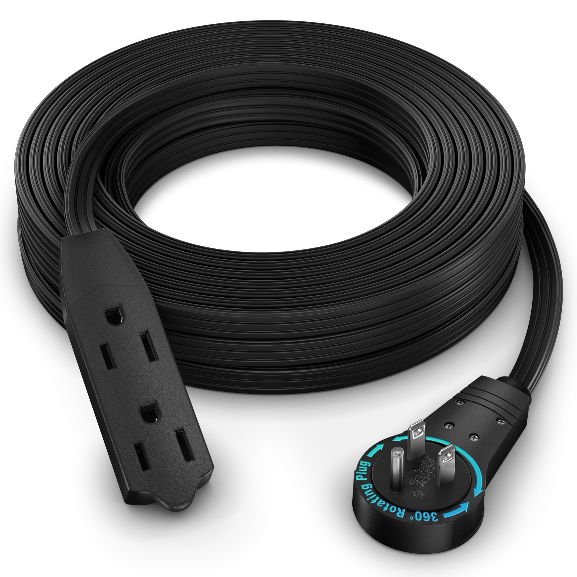 Maximm 50 ft. 16/3 Flat Extension Cord 360 Rotating Plug 3-Outlet 13A, 1625W, UL Certified, Black