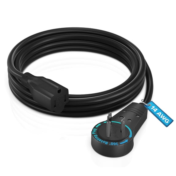Maximm Extension Cord 6 Feet 360° Rotating Flat Plug, 3-Prong Grounded Power Cable UL Certified, 13A 125V, Heavy Duty 14AWG Wire Black