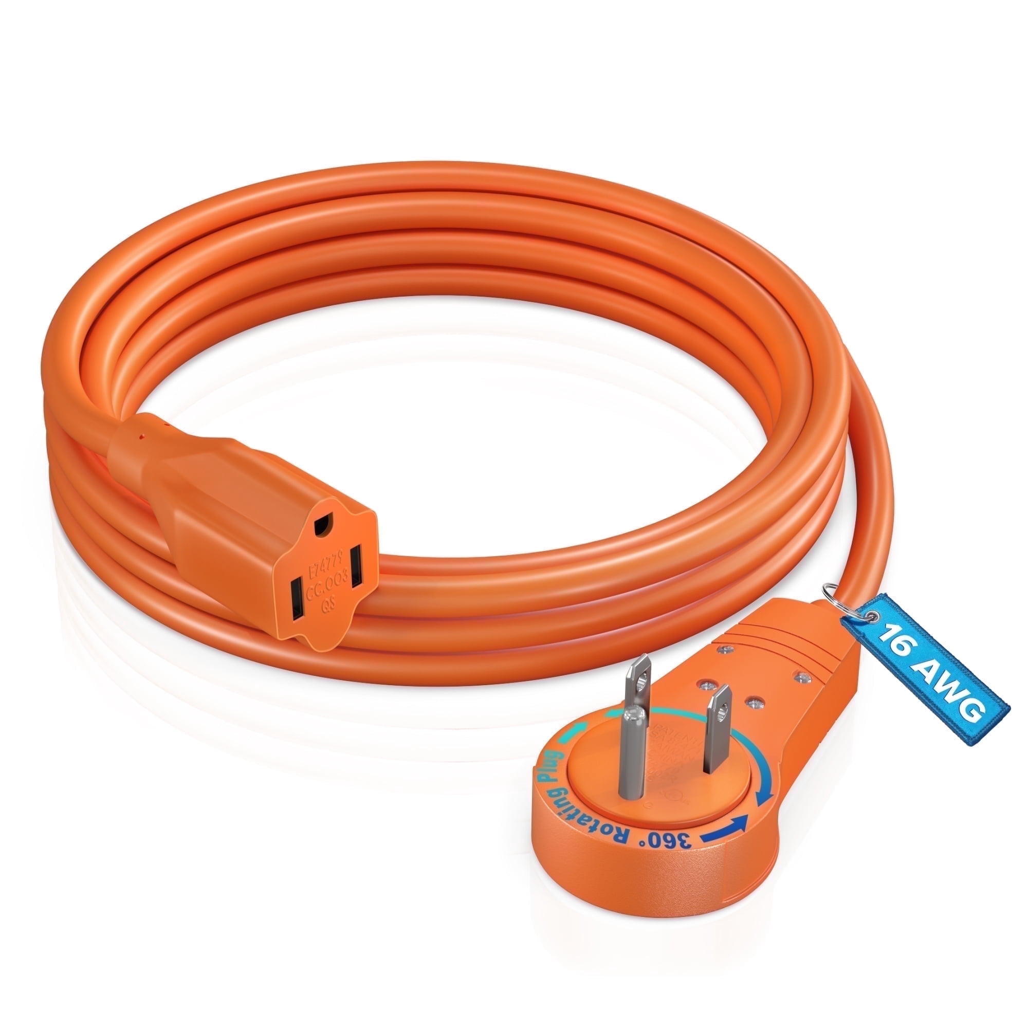 Maximm Extension Cord 6 Feet Orange Flat Plug, 360° Rotating Short Power Cord Single Outlet, Indoor 16 Gauge 3 Prong Grounded Wire UL Certified (6Ft Orange)
