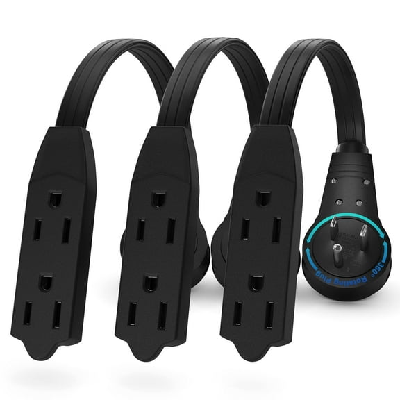 Maximm Cable 0.5 Ft 360° Rotating Flat Plug Extension Cord/Wire, 16/3 AWG Multi 3 Outlet 3-Prong Grounded Wire - Black - 3 Pack - UL Certified