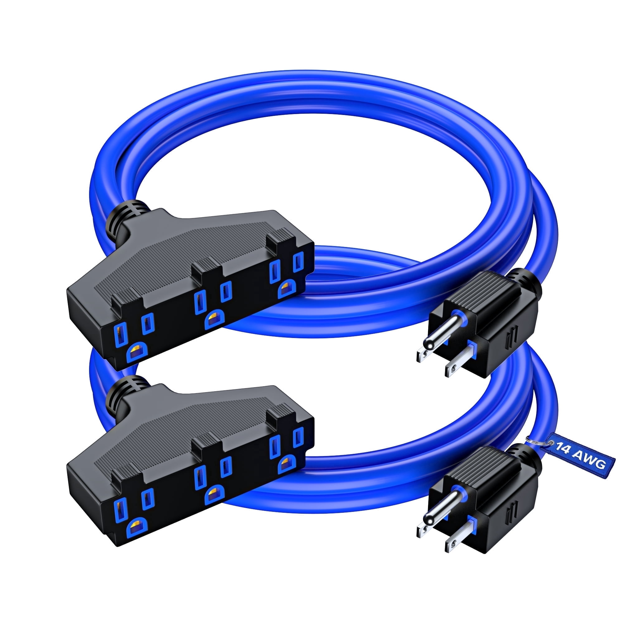 Maximm Cable 6 ft Safety Extension Cord with Multiple Outlets Blue 14/3 SJTW, 14 Gauge Heavy Duty Indoor Power Cords ETL (2 Pack)