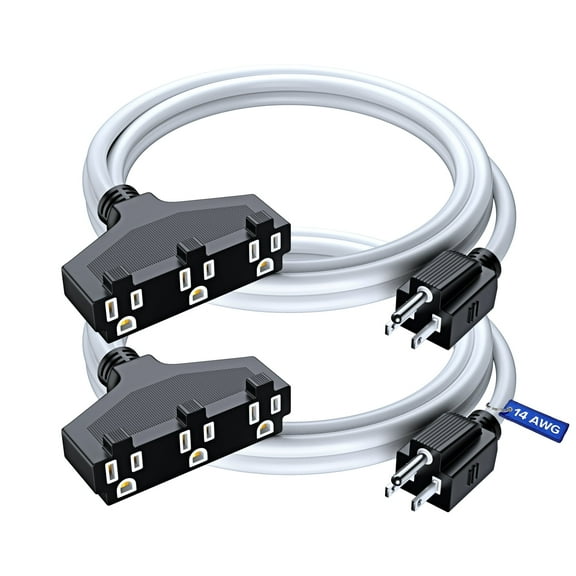 Maximm Cable 6 ft Safety Extension Cord with Multiple Outlets White 14/3 SJTW, 14 Gauge Heavy Duty Indoor Power Cords ETL (2 Pack)