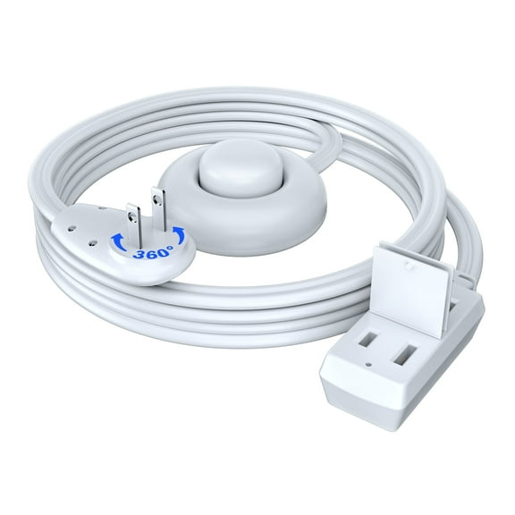 Maximm Cable 6ft 360° Rotating Flat Plug Extension Cord with on and Off Switch (6 ft,White), 2 Prong Multiple Outlets, Safety Cover - UL Certified
