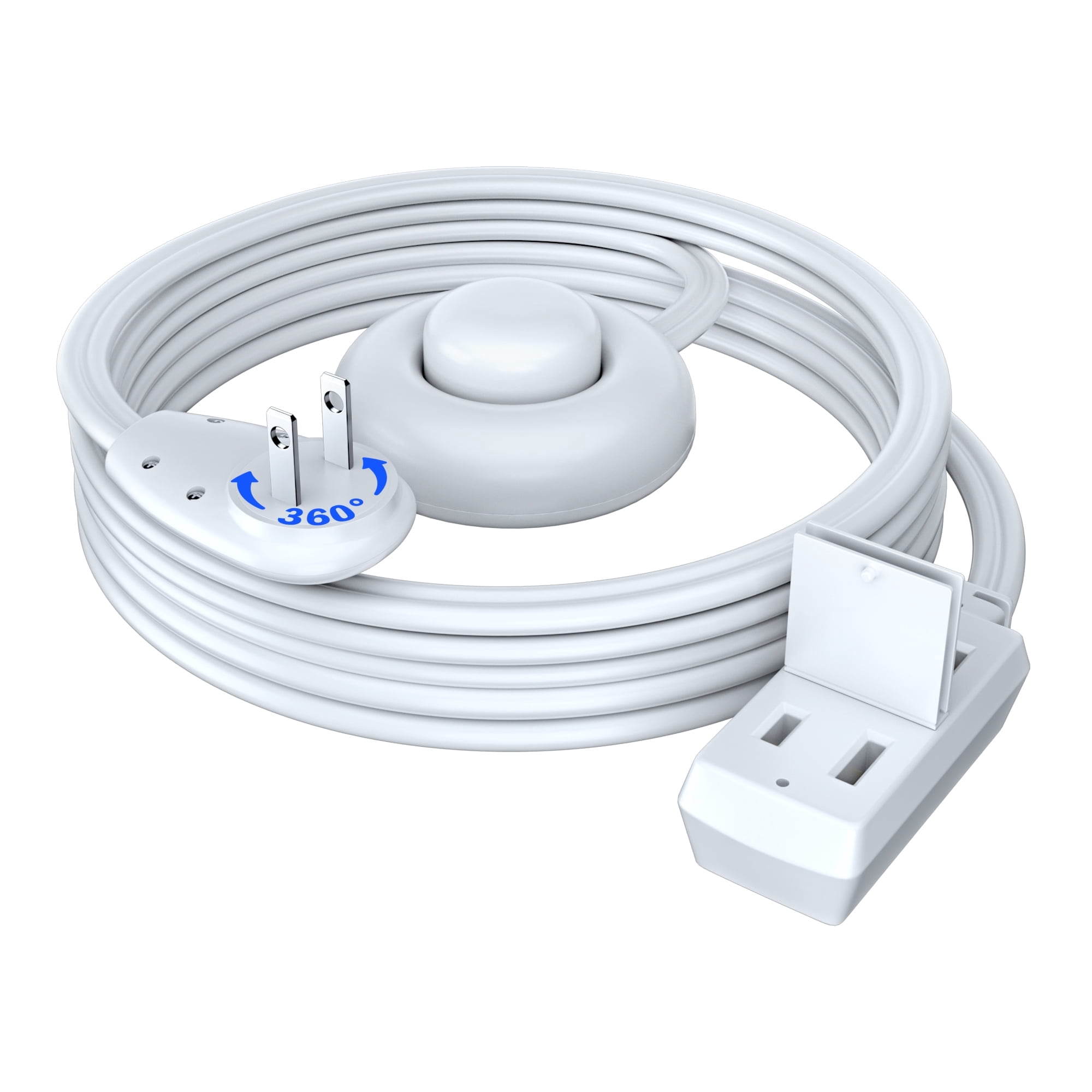 Maximm Cable 8ft 360° Rotating Flat Plug Extension Cord with on and Off Switch (8 ft,White), 2 Prong Multiple Outlets, Safety Cover - UL Certified