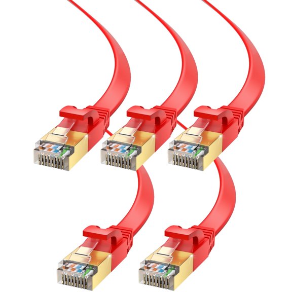 Maximm Cat7 Ethernet Cable, 20ft Flat High-Speed LAN Cord for Gaming and Networking, 5-Pack, Red