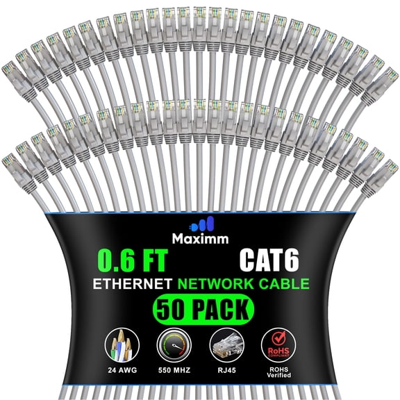Maximm Cat 6 Ethernet Cable 0.6 ft (50-pack) - High-Speed LAN, Internet, Patch, and Network Cord - UTP 10Gbps 550MHz - Gray