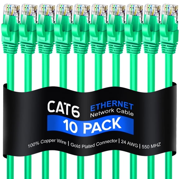 Cat 6 Ethernet Cable 0.9 Ft, 100% Pure Copper, Cat6 Cable (10 Pack) LAN Cable, Internet Cable, Patch Cable and Network Cable - UTP (Green) 0.9 Foot
