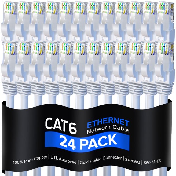 Cat 6 Ethernet Cable 0.9 Ft, 100% Pure Copper, Cat6 Cable (24 Pack) LAN Cable, Internet Cable, Patch Cable and Network Cable - UTP (White) 0.9 Foot
