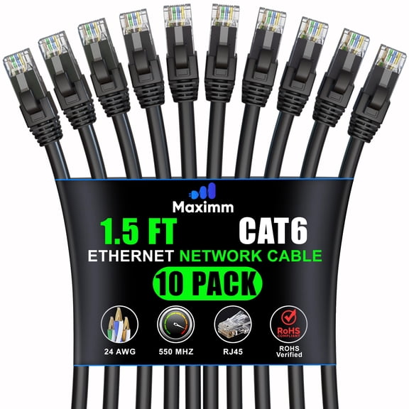 Maximm Cat 6 Ethernet Cable 1.5 ft (10-Pack) - High-Speed LAN Cable, Internet Cable, Patch Cable, and Network Cable - UTP, 10Gbps, 550MHz Ethernet Cord - Black