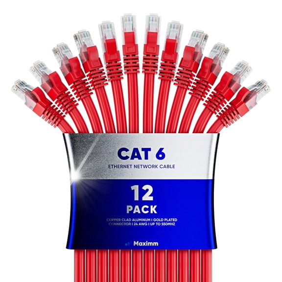 Maximm Cat 6 Ethernet Cable - 1.5 ft (12-Pack), High-Speed LAN, Internet, Patch, and Network Cable - UTP, 10Gbps, 550MHz Ethernet Cord - Red