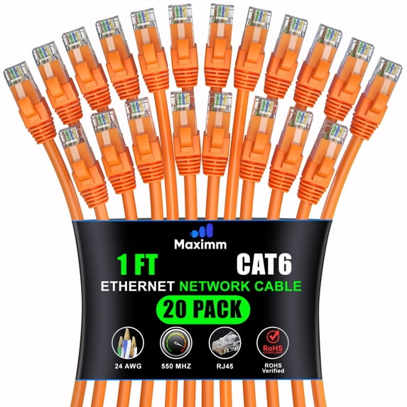 Maximm Cat 6 Ethernet Cable 1 ft (20-Pack) - High-Speed LAN Cable, Internet Cable, Patch Cable, and Network Cable - UTP, 10Gbps, 550MHz Ethernet Cord - Orange