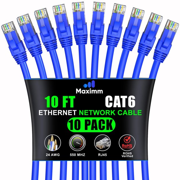 Maximm Cat 6 Ethernet Cable 10 ft (10-Pack) - High-Speed LAN Cable, Internet Cable, Patch Cable, and Network Cable - UTP, 10Gbps, 550MHz Ethernet Cord - Blue