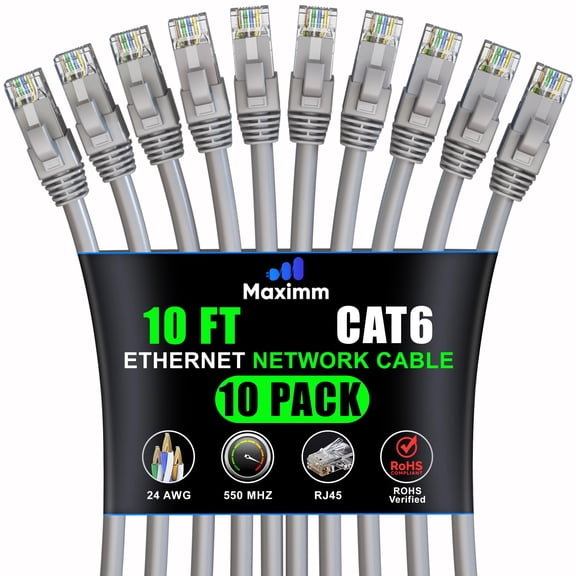 Maximm Cat 6 Ethernet Cable 10 ft (10-Pack) - High-Speed LAN Cable, Internet Cable, Patch Cable, and Network Cable - UTP, 10Gbps, 550MHz Ethernet Cord - Gray