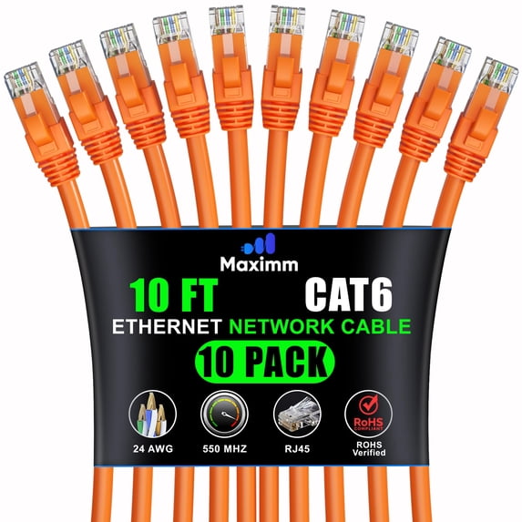 Maximm Cat 6 Ethernet Cable 10 ft (10-Pack) - High-Speed LAN Cable, Internet Cable, Patch Cable, and Network Cable - UTP, 10Gbps, 550MHz Ethernet Cord - Orange