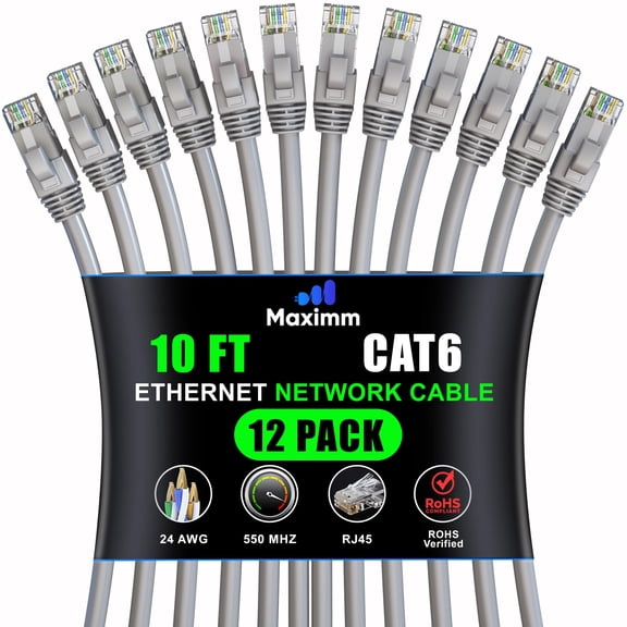 Maximm Cat 6 Ethernet Cable - 10 ft (12-Pack), High-Speed LAN, Internet, Patch, and Network Cable - UTP, 10Gbps, 550MHz Ethernet Cord - Gray