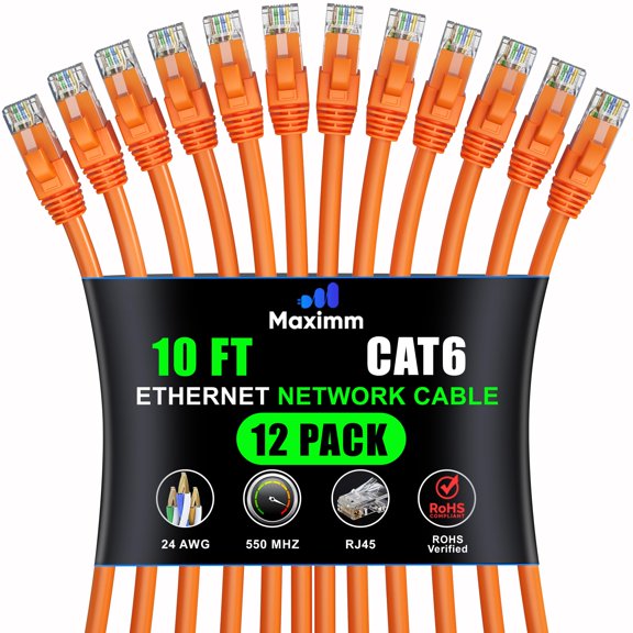 Maximm Cat 6 Ethernet Cable 10 ft (12-Pack) - High-Speed LAN Cable, Internet Cable, Patch Cable, and Network Cable - UTP, 10Gbps, 550MHz Ethernet Cord - Orange