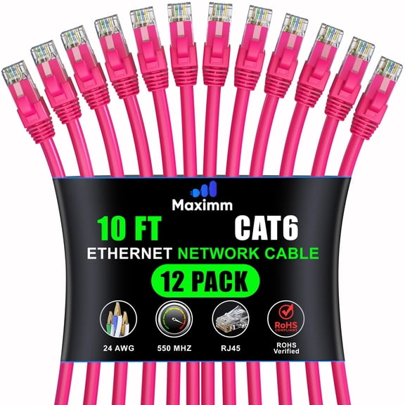 Maximm Cat 6 Ethernet Cable - 10 ft (12-Pack), High-Speed LAN, Internet, Patch, and Network Cable - UTP, 10Gbps, 550MHz - Pink
