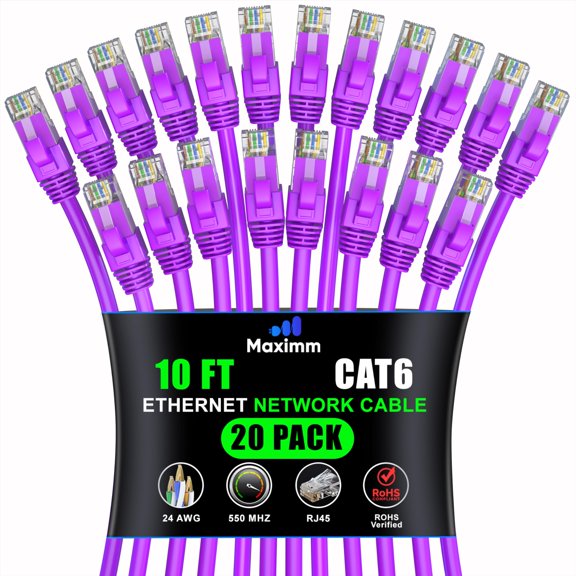 Maximm Cat 6 Ethernet Cable 10 ft (20-Pack) - High-Speed LAN Cable, Internet Cable, Patch Cable, and Network Cable - UTP, 10Gbps, 550MHz Ethernet Cord - Purple