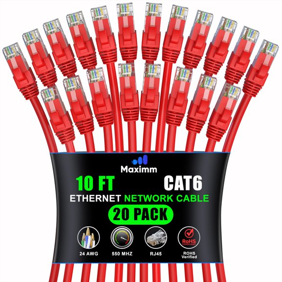 Maximm Cat 6 Ethernet Cable 10 ft (20-Pack) - High-Speed LAN Cable, Internet Cable, Patch Cable, and Network Cable - UTP, 10Gbps, 550MHz Ethernet Cord - Red