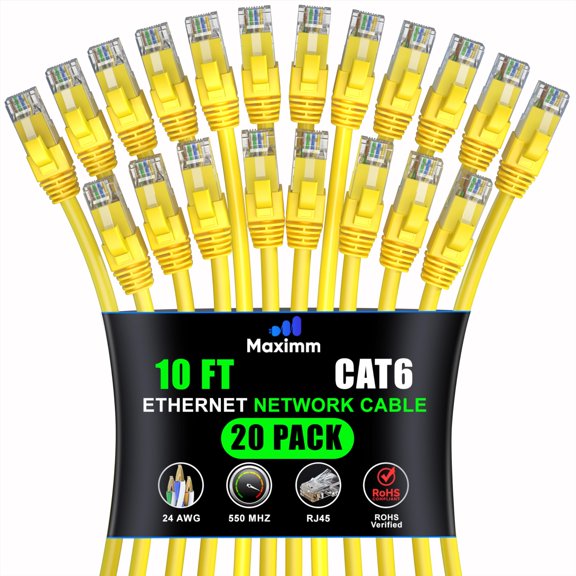 Maximm Cat 6 Ethernet Cable 10 ft (20-Pack) - High-Speed LAN Cable, Internet Cable, Patch Cable, and Network Cable - UTP, 10Gbps, 550MHz Ethernet Cord - Yellow