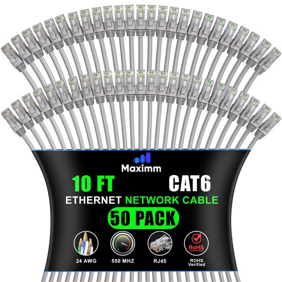 Maximm Cat 6 Ethernet Cable - 10 ft (50-Pack) - High-Speed LAN, Internet, Patch, and Network Cable - UTP, 10Gbps, 550MHz Ethernet Cord - Gray