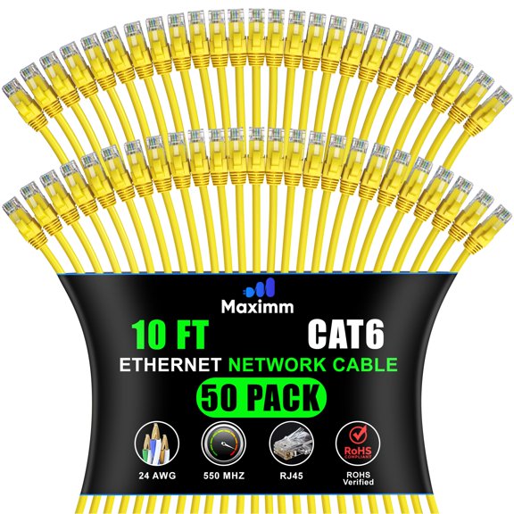 Maximm Cat 6 Ethernet Cable 10 ft (50-Pack) - High-Speed LAN Cable, Internet Cable, Patch Cable, and Network Cable - UTP, 10Gbps, 550MHz Ethernet Cord - Yellow