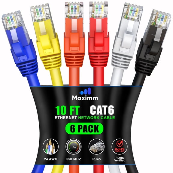 Maximm Cat 6 Ethernet Cable 10 ft (6-Pack) - High-Speed LAN Cable, Internet Cable, Patch Cable, and Network Cable - UTP, 10Gbps, 550MHz Ethernet Cord - Multicolor