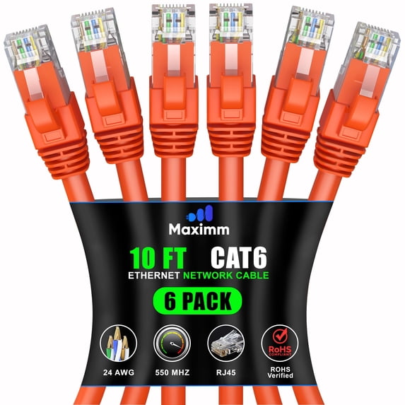 Maximm Cat 6 Ethernet Cable 10 ft (6-Pack) - High-Speed LAN Cable, Internet Cable, Patch Cable, and Network Cable - UTP, 10Gbps, 550MHz Ethernet Cord - Orange