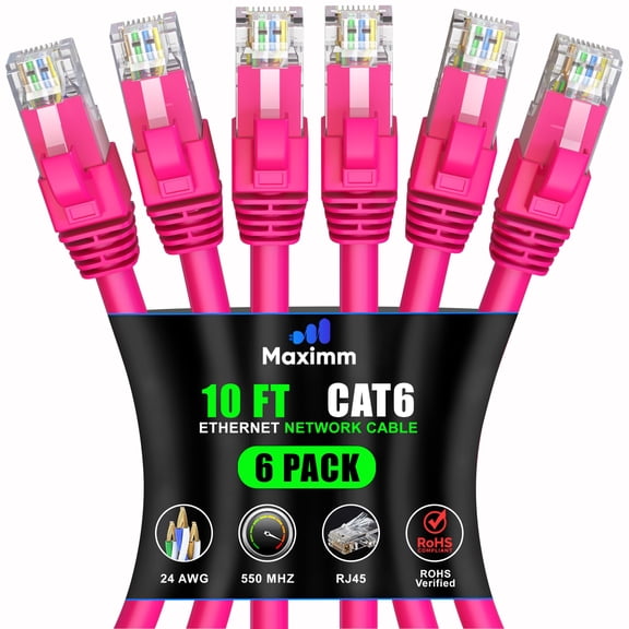 Maximm Cat 6 Ethernet Cable 10 ft (6-Pack) - High-Speed LAN Cable, Internet Cable, Patch Cable, and Network Cable - UTP, 10Gbps, 550MHz Ethernet Cord - Pink
