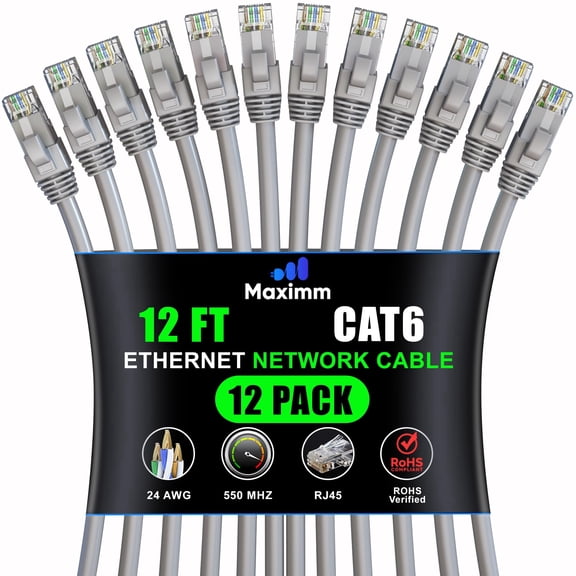 Maximm Cat 6 Ethernet Cable, 12 ft, Gray, 12-Pack, High-Speed UTP Network Patch Cord for Gaming and LAN