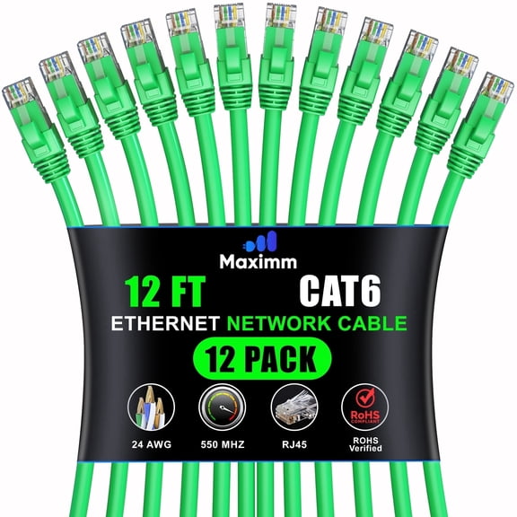 Maximm Cat6 Ethernet Cable 12-Pack 12 ft – CCA LAN Network Patch Cords, RJ45, Green