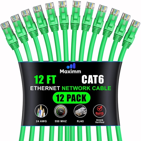 Maximm Cat 6 Ethernet Cable 12 ft (12-Pack) - High-Speed LAN Cable, Internet Cable, Patch Cable, and Network Cable - UTP, 10Gbps, 550MHz Ethernet Cord - Green