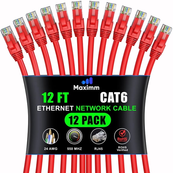 Maximm Cat 6 Ethernet Cable 12 ft (12-Pack) - High-Speed LAN Cable, Internet Cable, Patch Cable, and Network Cable - UTP, 10Gbps, 550MHz Ethernet Cord - Red