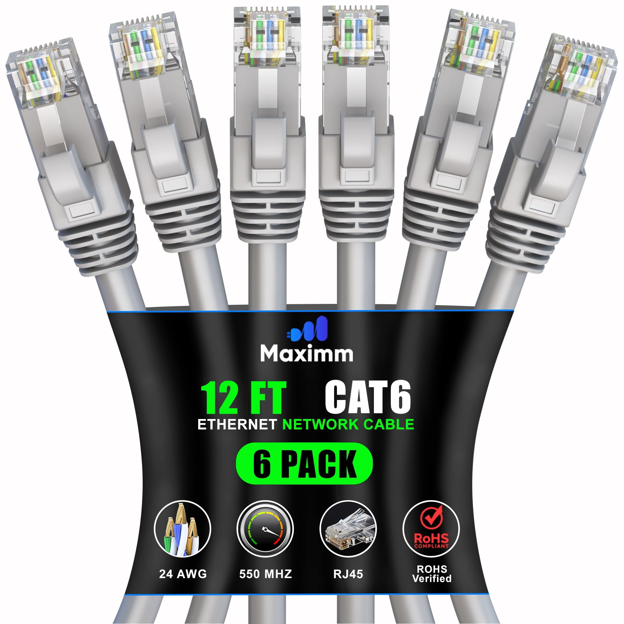 Maximm Cat 6 Ethernet Cable 12 ft (6-Pack) - High-Speed LAN Cable, Internet Cable, Patch Cable, and Network Cable - UTP, 10Gbps, 550MHz Ethernet Cord - Gray
