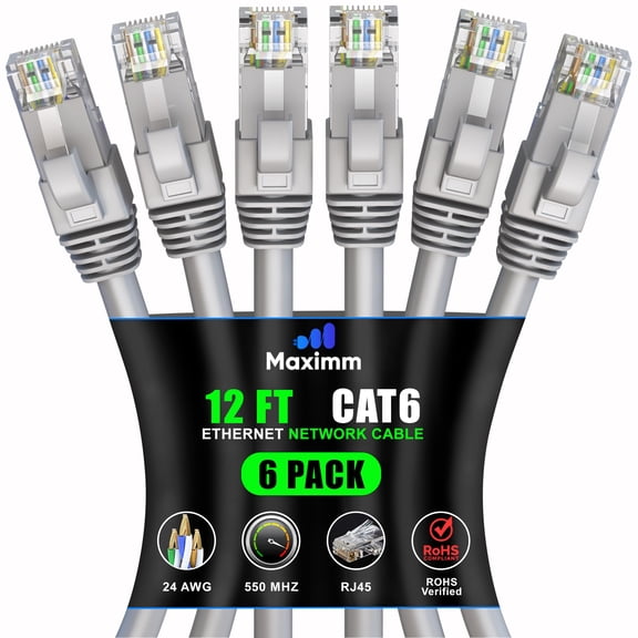 Maximm Cat 6 Ethernet Cable 12 ft (6-Pack) - High-Speed LAN Cable, Internet Cable, Patch Cable, and Network Cable - UTP, 10Gbps, 550MHz Ethernet Cord - Gray