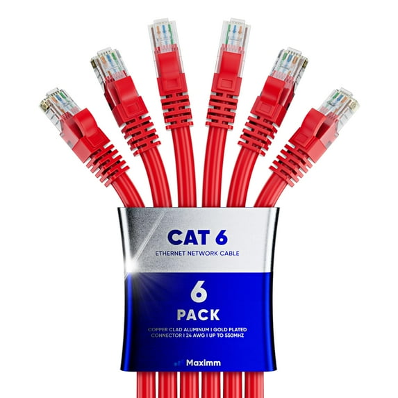 Maximm Cat 6 Ethernet Cable 12 ft (6-Pack) - High-Speed LAN Cable, Internet Cable, Patch Cable, and Network Cable - UTP, 10Gbps, 550MHz Ethernet Cord - Red