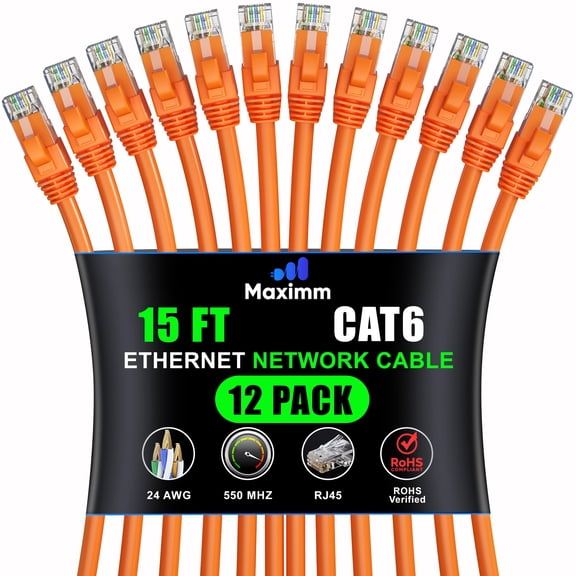 Maximm Cat 6 Ethernet Cable - 15 ft (12-Pack) - High-Speed LAN, Internet, Patch, and Network Cable - UTP, 10Gbps, 550MHz Ethernet Cord - Orange