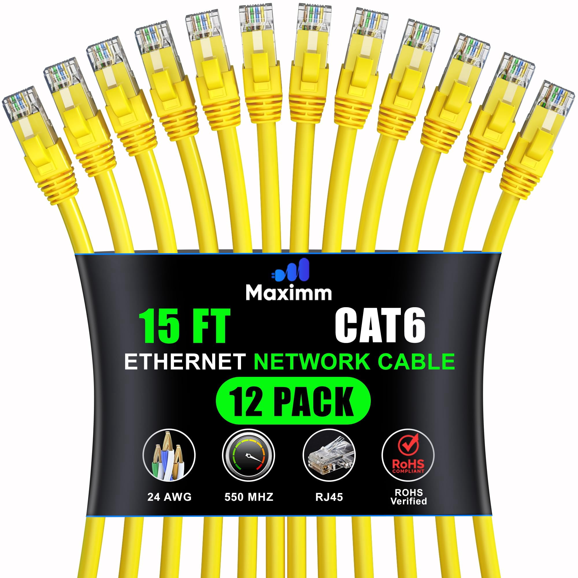 Maximm Cat 6 Ethernet Cable - 15 ft (12-Pack), High-Speed LAN, Internet, Patch, and Network Cable - UTP, 10Gbps, 550MHz - Yellow