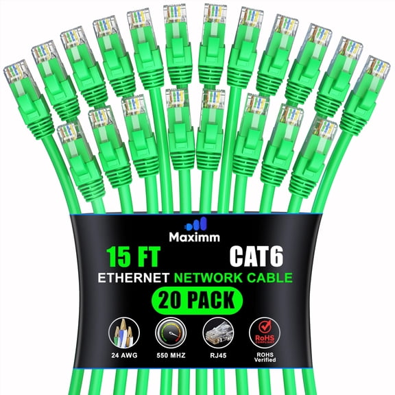 Maximm Cat 6 Ethernet Cable 15 ft, High-Speed Internet Patch Cord, 20-Pack, UTP, 10Gbps, 550MHz, Green
