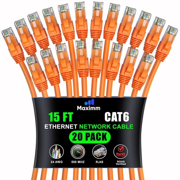 Maximm Cat 6 Ethernet Cable 15 ft (20-Pack) - High-Speed LAN Cable, Internet Cable, Patch Cable, and Network Cable - UTP, 10Gbps, 550MHz Ethernet Cord - Orange