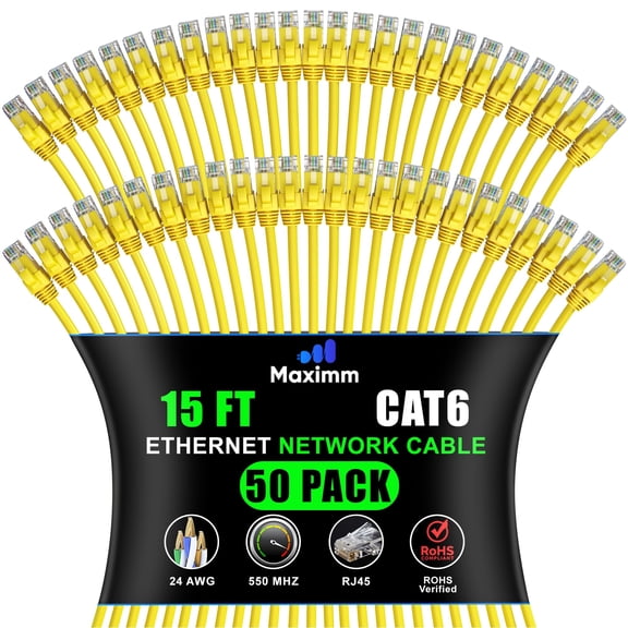 Maximm Cat 6 Ethernet Cable - High-Speed LAN, Internet, Patch & Network Cable - UTP, 10Gbps, 550MHz Ethernet Cord 50-Pack