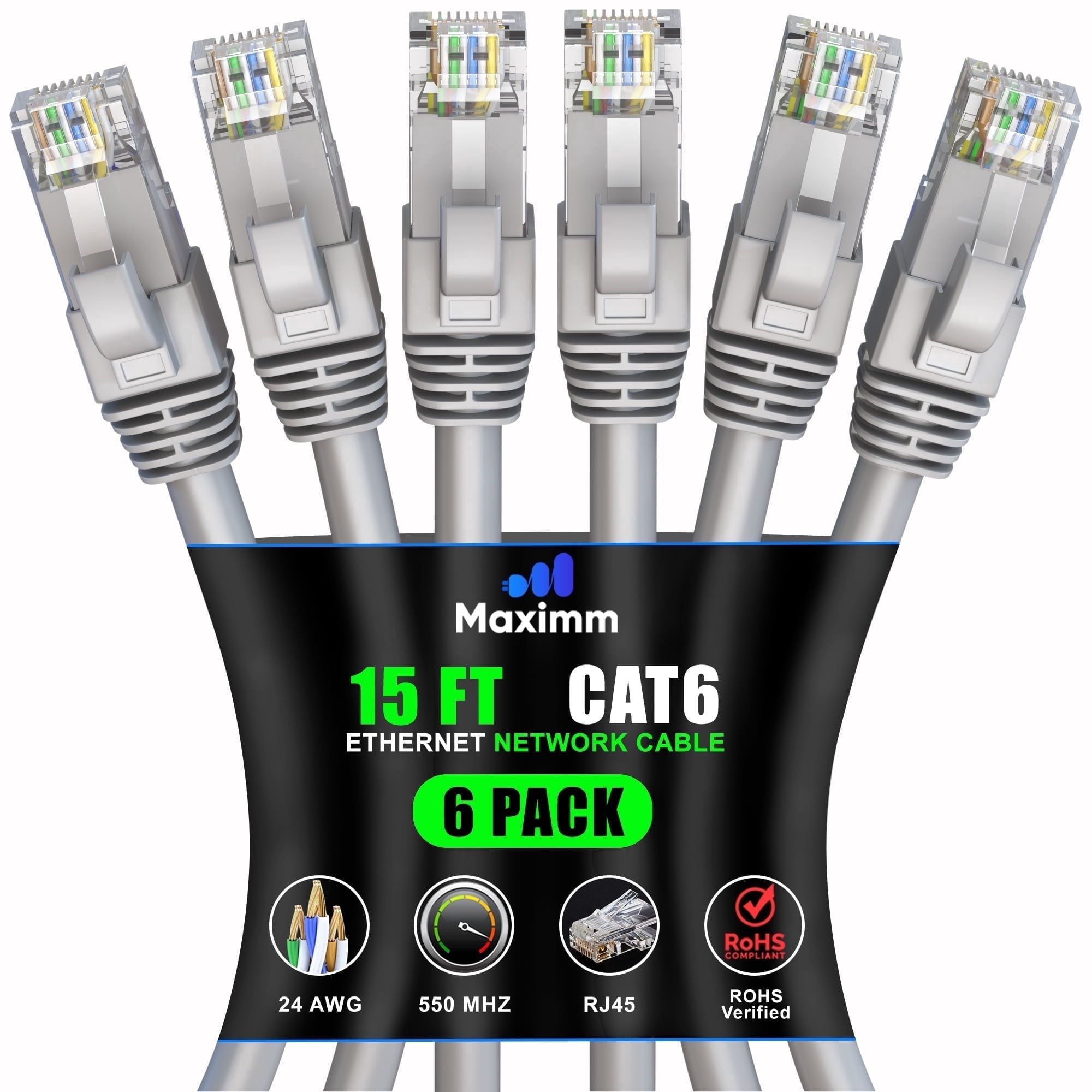 Maximm Cat6 Ethernet Cable 6-Pack 15 ft – CCA LAN Network Patch Cords, RJ45, Gray